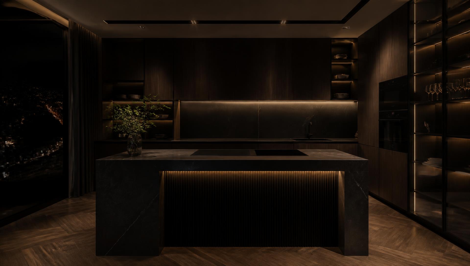 IGNITO hood installed above a cooktop in a dark Italian designer kitchen
